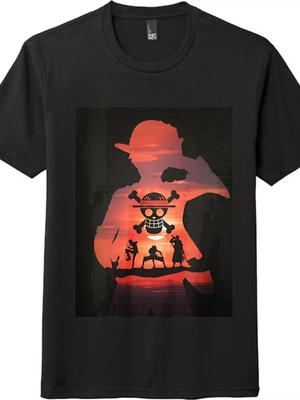 'One Piece' T-shirt με κοντό μανίκι και στάμπα σιλουέτας | Μοντέρνο Casual Τοπ Anime