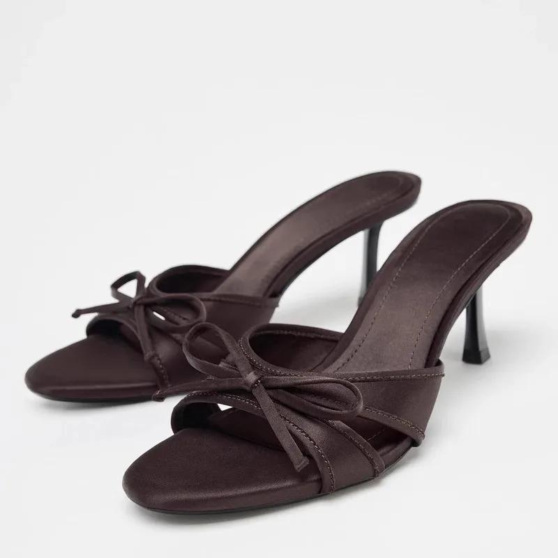 Fashion Sweet Bow Slippers for Women 2025 New Summer Thin Heel Flip-flops Versatile Pointed Toe Open Toe High Heel Cool Mop