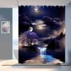 Moonlight River Shower Curtain Night Landscape Waterfall Cherry Blossom Decor Elegant Bathroom Art Waterproof Bath Curtain Set