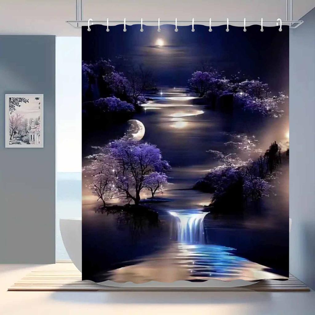 Moonlight River Shower Curtain Night Landscape Waterfall Cherry Blossom Decor Elegant Bathroom Art Waterproof Bath Curtain Set
