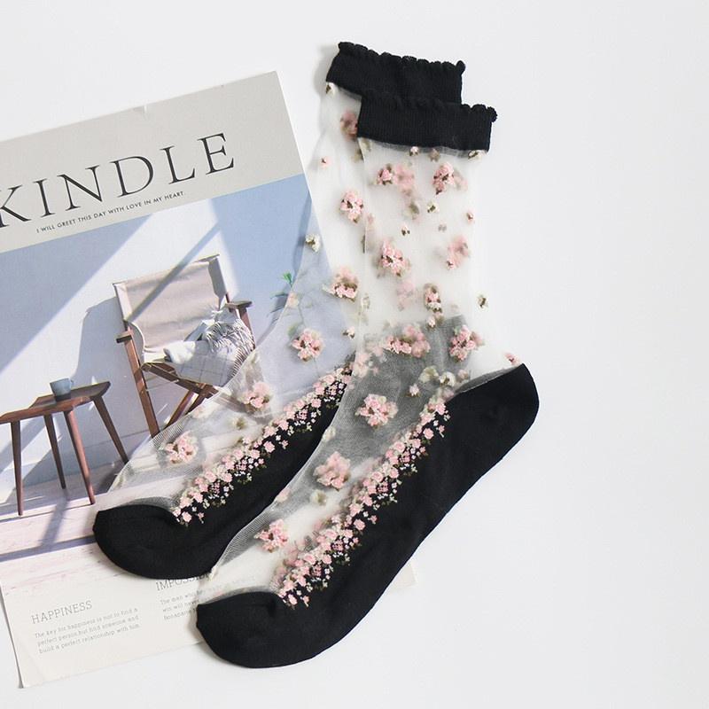 1 Pair Summer Women Transparent Lace Silk Crystal Rose Flower Breathable Ultra Thin Elastic Socks