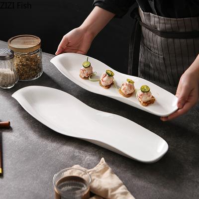 Kreativer langer Speiseteller, Restaurant-Spezialität, Lebensmitteldekoration, Keramikteller, Heimküche, Steak, Dessertteller, weißes Geschirr