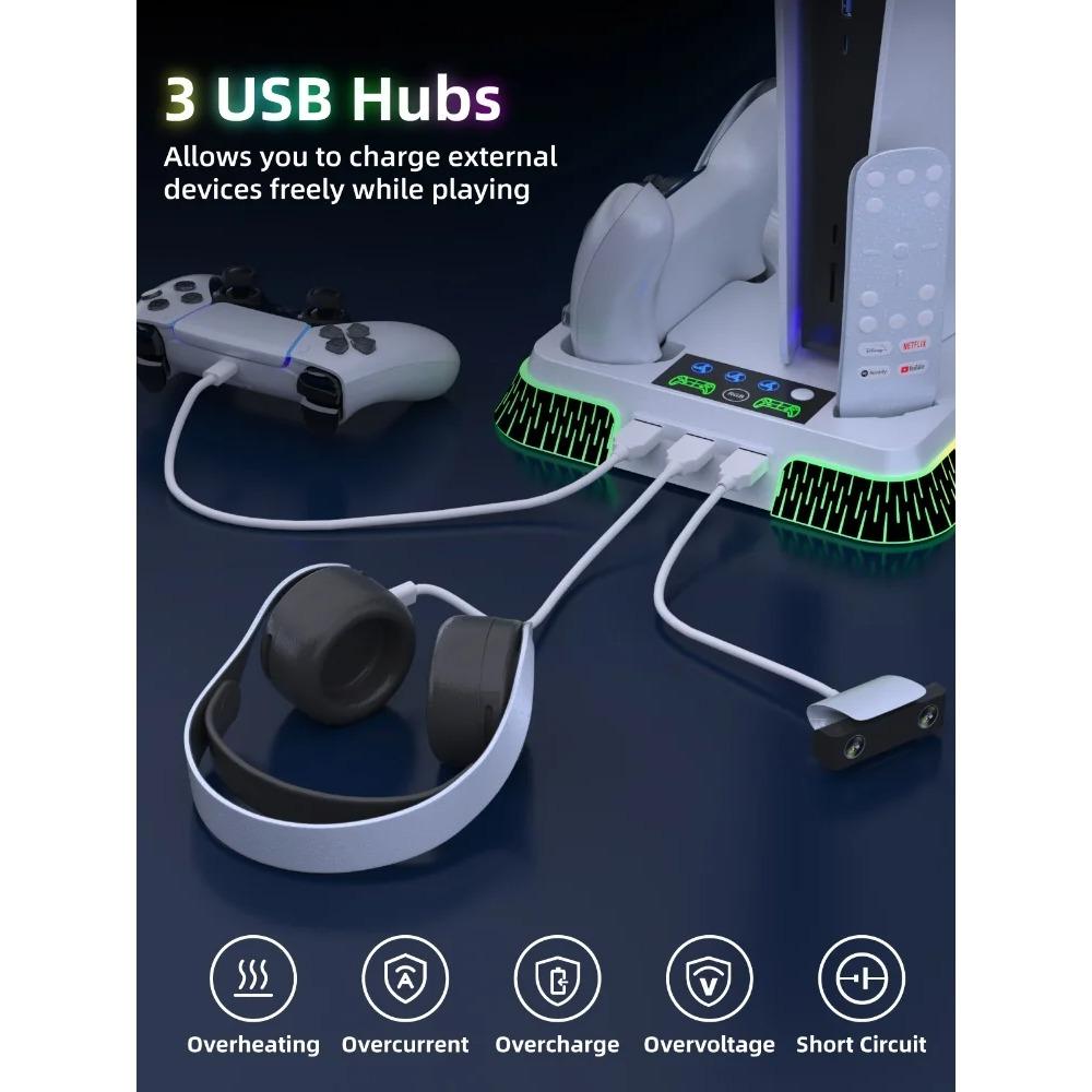 Multifunktionaler vertikaler RGB-Kühlständer für PS5/PS5 Slim/PS5 Pro – mit Controller-Ladestation, Headset-Haken und USB-Anschluss