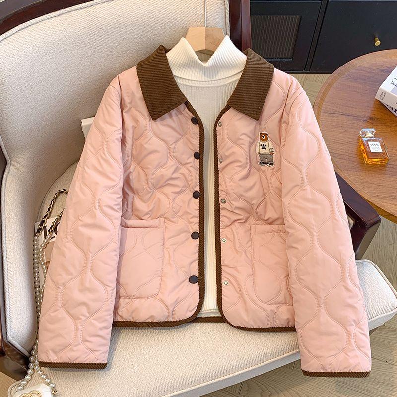 Cute Bear Embroidery and Stylish Contrasting Collar On Women's Cotton Jacket, Keeping You Warm and Trendy In Winter