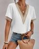 Plus Size Women's V Neck Lacework Loose Top Short Sleeve Casual T-Shirt Woman Blouses & Shirts