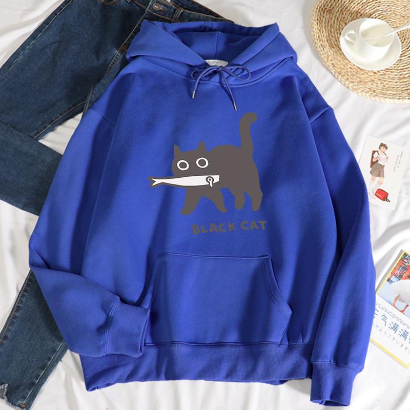 Casual Womens Hoodies Black Cat Eat Fish Printing Sweatshirts Breathable Loose Fleece Warm Pullovers Autumn Winter Streetwear