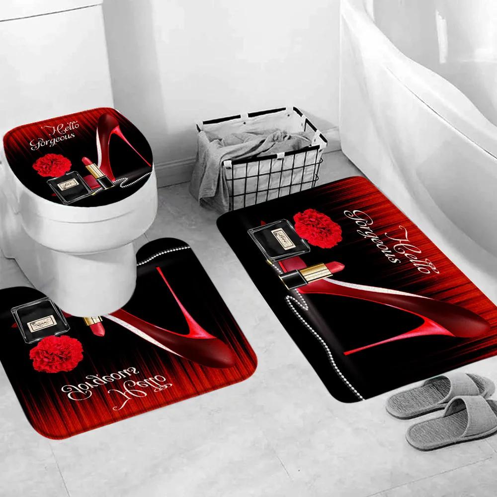 Valentine's Day Shower Curtain, Rose High Heels Lipstick Perfume Bottle Black and White Striped Romantic Bath Mat Bathroom Decor