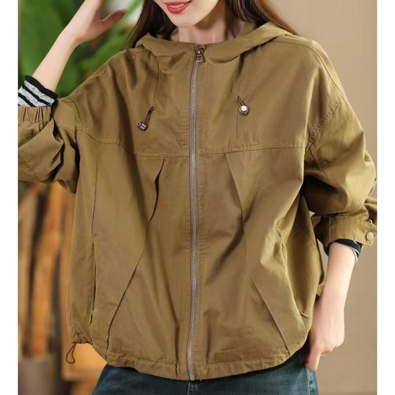 Johnature Woman Autumn Drawstring Long Sleeves Loose Casual Coat Solid Color Zipper Hooded Splicing Coat