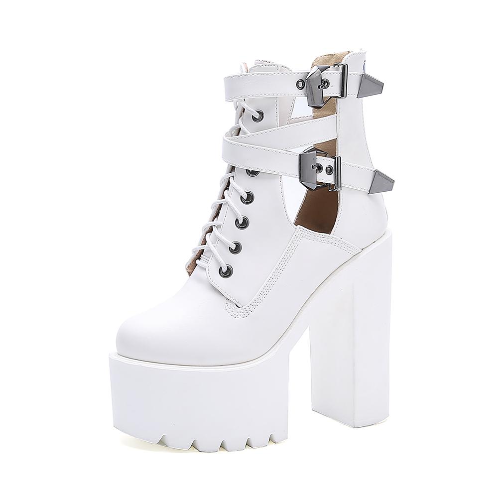 

Женские ботинки для ночного клуба. Ботильоны на высоком каблуке с ажурными ботильонами. Ботильоны на платформе. Готические черные кожаные короткие ботинки для леди. 38 белый