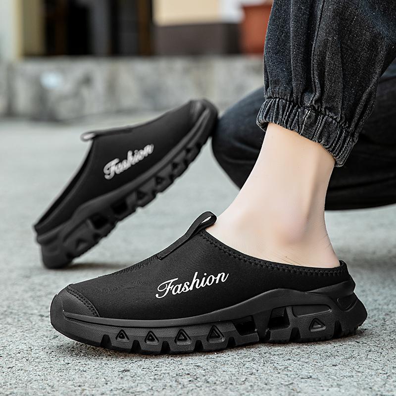 Black Mens Half Slippers Summer Breathable Mesh Mens Shoes Outdoor Casual Walking Shoes Large Size 46 Flat Light Mesh Sandals