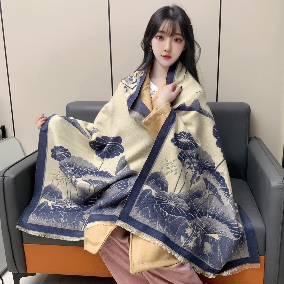 

Женский зимний шарф-шаль с рисунком тушью - высококачественный искусственный кашемир, связанный для тепла и стиля