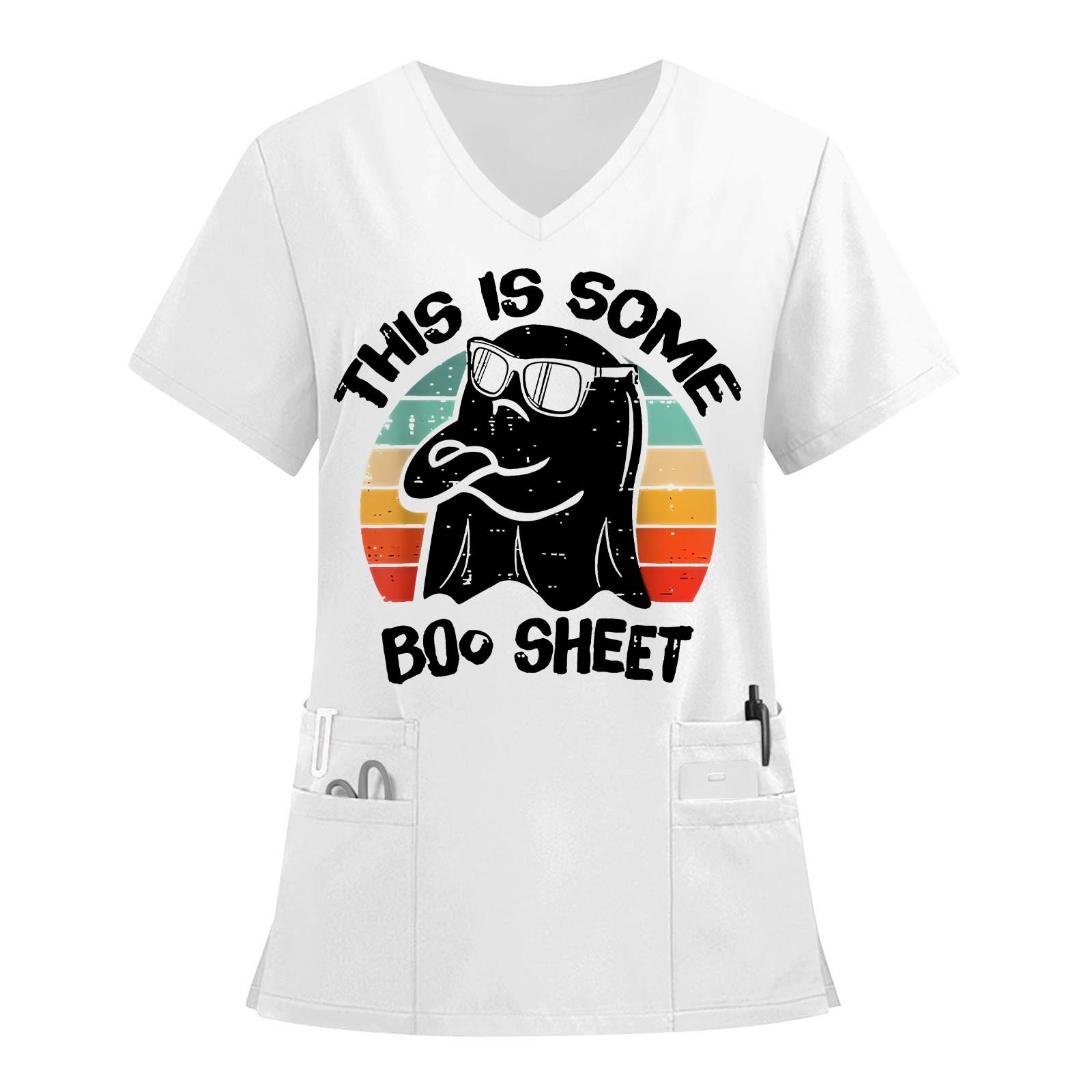 

Женский топ защитного костюма с V-образным вырезом, с короткими рукавами, с принтом на Хэллоуин, с карманом и боковыми разрезами XXXXL белый