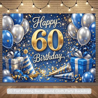 2D Blue Gold 60th Birthday Backdrop Happy 60th Birthday Photography Background