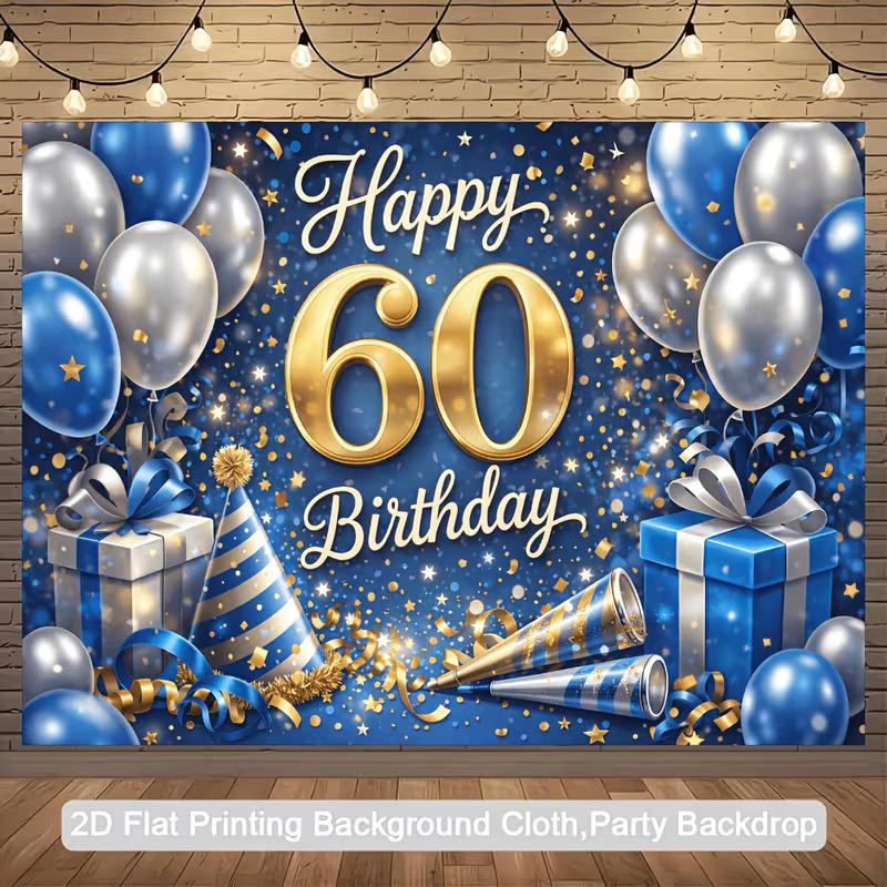 2D Blue Gold 60th Birthday Backdrop Happy 60th Birthday Photography Background 47.2x31.5inch/120*80cm