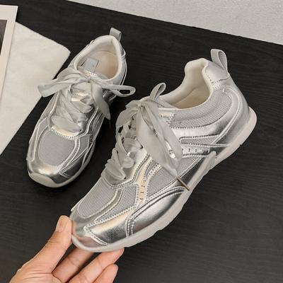 Mesh Round Toe Ballet Shoes  Summer New Sports Casual Street Lace Up Flat Shoes White/silver Fashion Women Pumps