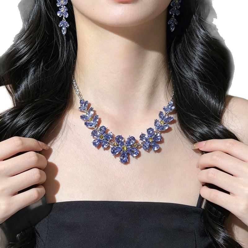 "Amethyst Flower" Light Luxury Flash Purple Flash Diamond Flower Spring and Summer Sweet Clavicle Chain Necklace Earrings Set Female