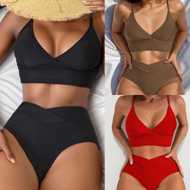 Solid Deep V Backless Sexy Bikini Set Elegant Comfortable Two Piece Swimwear
