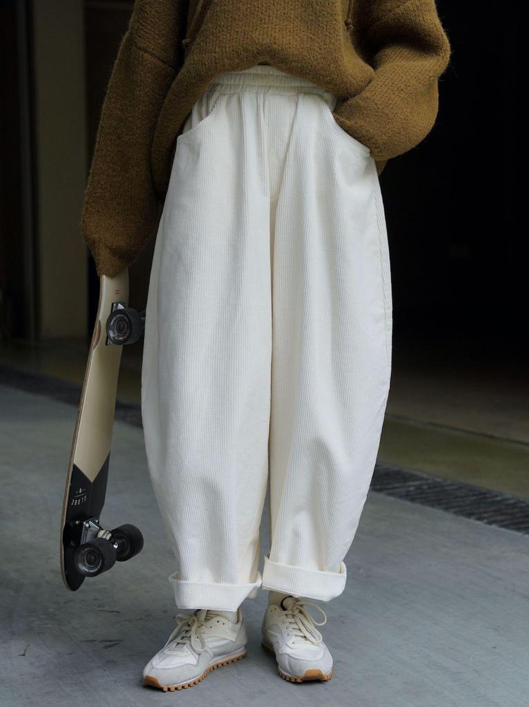 Japanese Lazy Style Curved Corduroy Wide-Leg Pants - Women's Elastic Waist, Loose Fit, Slimming Design