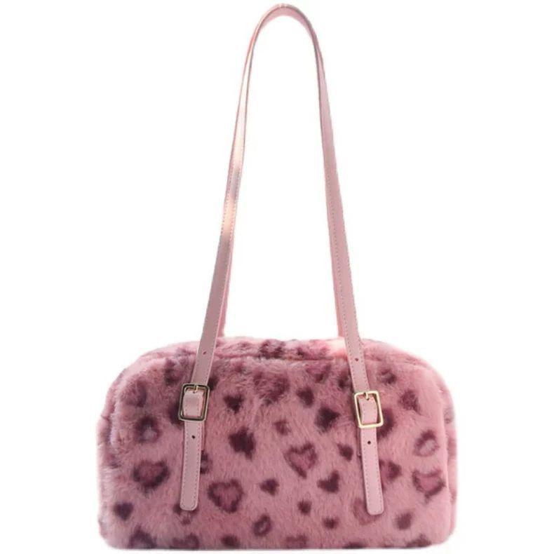 

JIAERDI Leopard Print Pink Handbag Women Autumn Winter New Plush Soft Y2k Shoulder Bags Female Sweet Cool Purse Bolsos De Mujer 28X17X10cm розовый