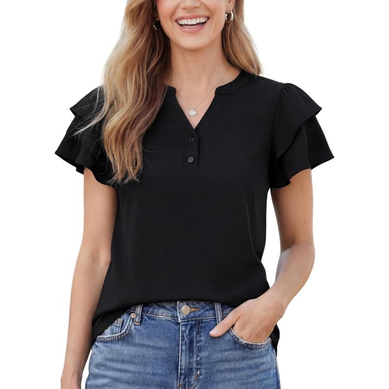 Women S Ruffled Short Sleeve V Neck Button Blouse S
