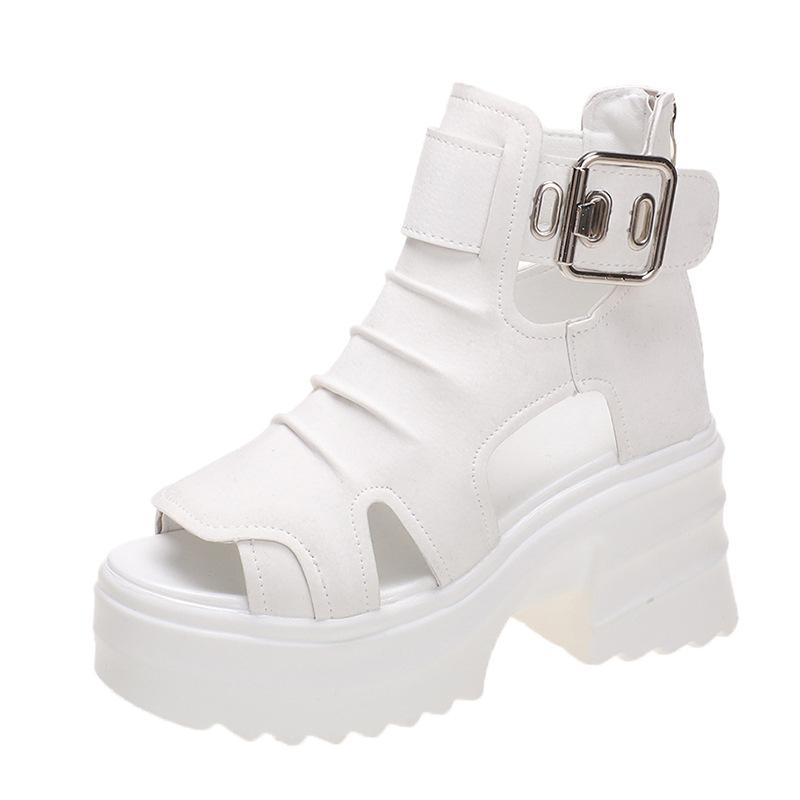 8Cm heightening fish mouth platform sandals women's summer new retro Roman sandals thick heel hollow high heel cool boots