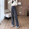 European and American Style Plaid Loose Wide-Leg Pants for Women - Autumn/Winter Collection