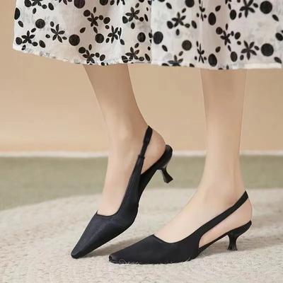 Spring Summer Women Kitten Heels Pointed Toe Sandals Fashion Back Buckle Bling Silver Ladies Casual Med Heels Shoes
