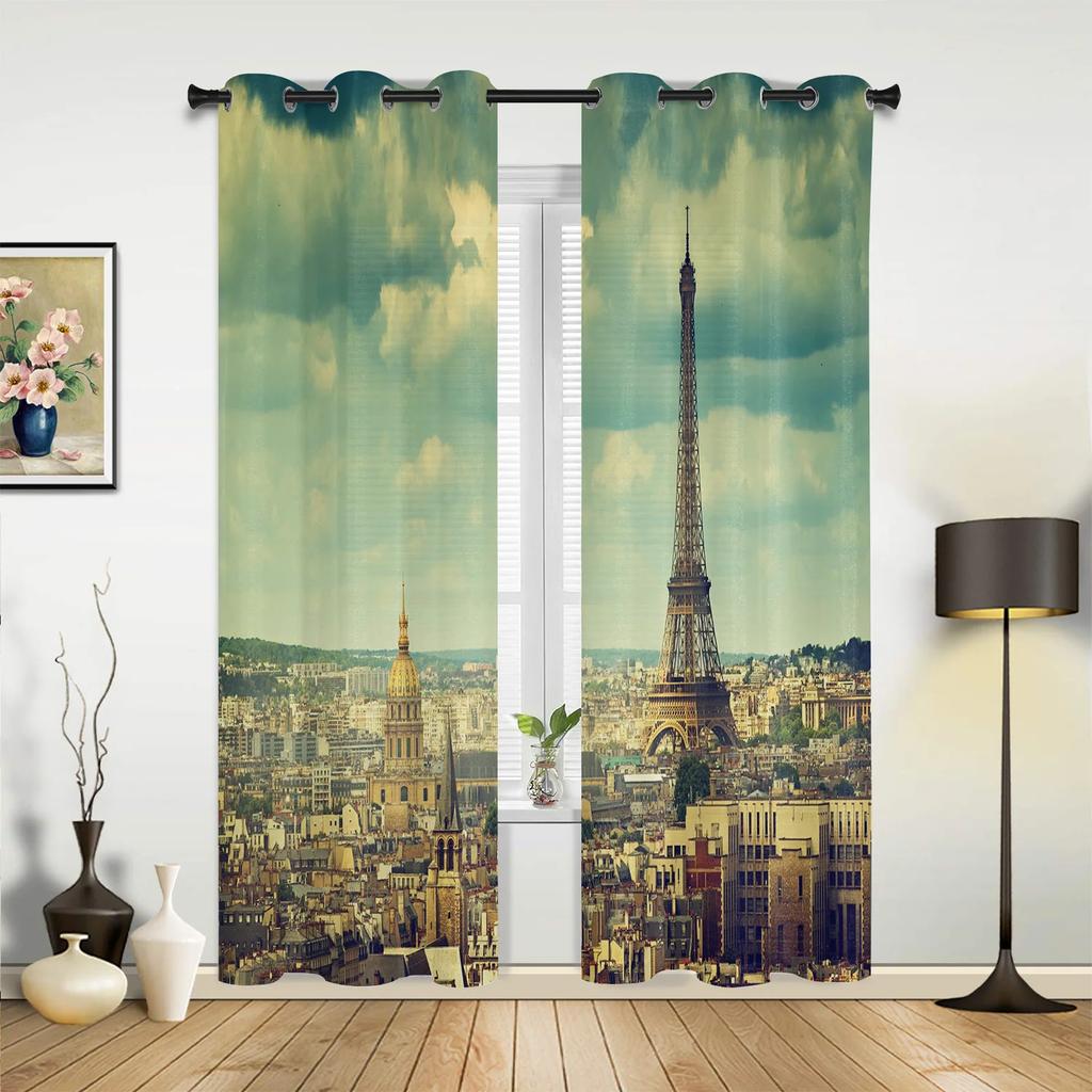 France Paris Tower  Air Balloon Retro Curtains for Bedroom Living Room Drapes Kitchen Children Window Curtain Home Decor