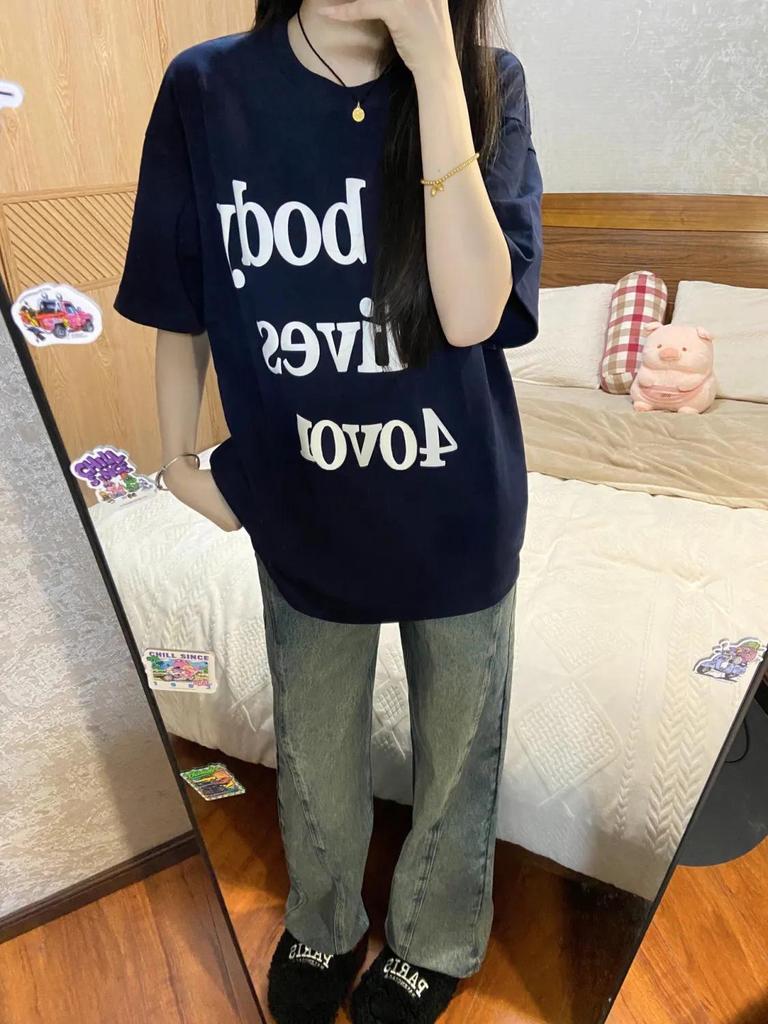 100% American Cool Letter Women's Summer Short Sleeve T-shirt - Trendy Loose Casual Top