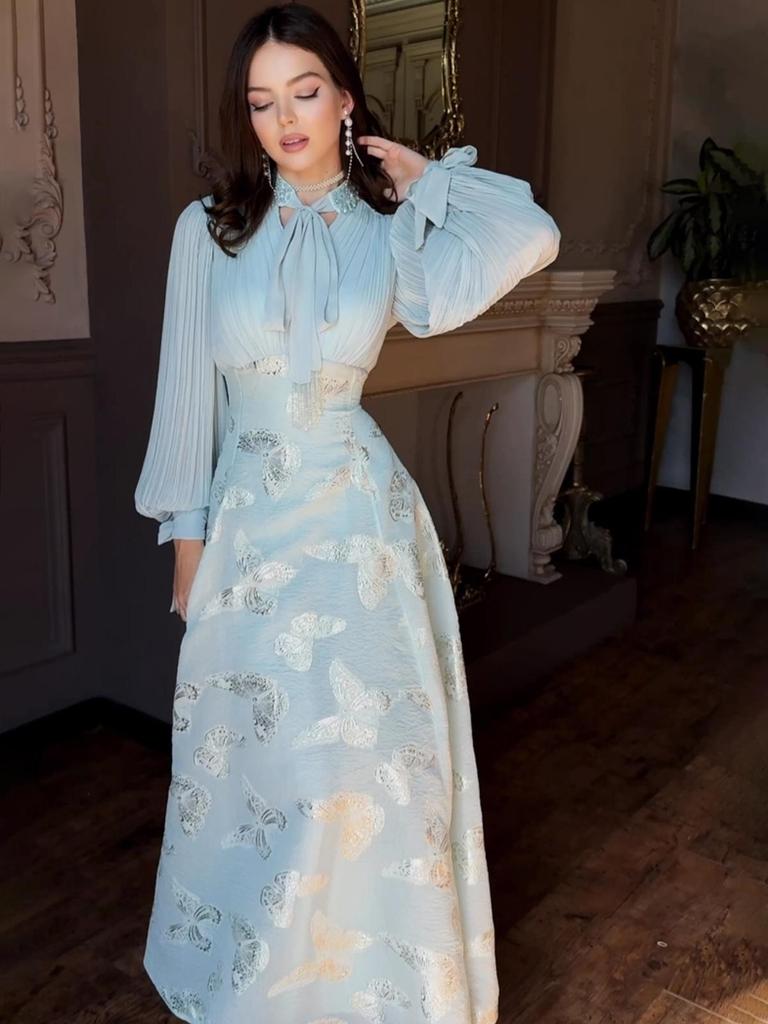 2025 Spring Elegant Long Sleeve Gold-Stamped Romantic Dress for Women