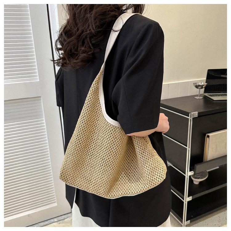 Women's Retro Woven Tote Bag Large Capacity Shoulder Underarm Bag Summer Beach Handbag