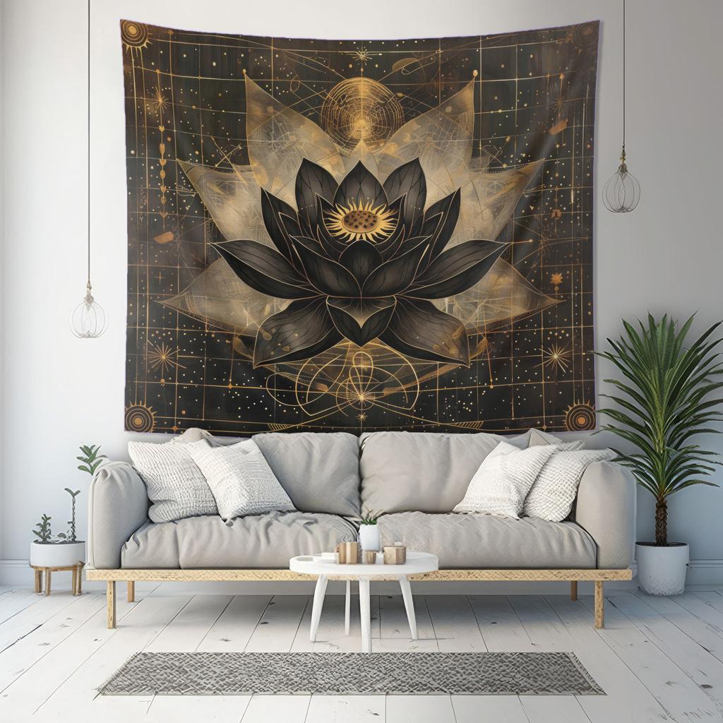 Black Lotus Blossom Indoor Wall Tapestry Dark Occult Design Sacred Geometry Aesthetic Enchanting Bedroom Living and Dorm Roo