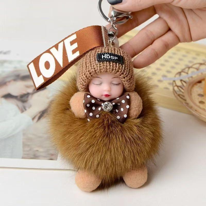Exquisite Handmade Plush Sleeping Doll Pendant with Faux Mink Fur, Perfect as a Backpack Accessory