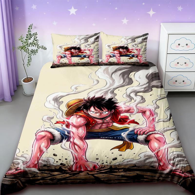 Duvet Cover One Piece Kids Cartoon Luffy Bedding Set with 2 Pillowcases Soft and Cozy Bedroom Bed Decor Teens Boys Gifts