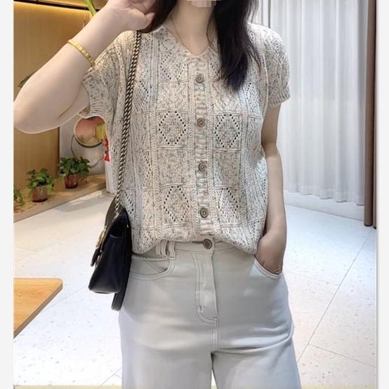 Women's Summer Knit Top with Flutter Sleeves - Breathable, Loose-Fit, Hollow Design, Short-Sleeve, Light Cardigan Style.