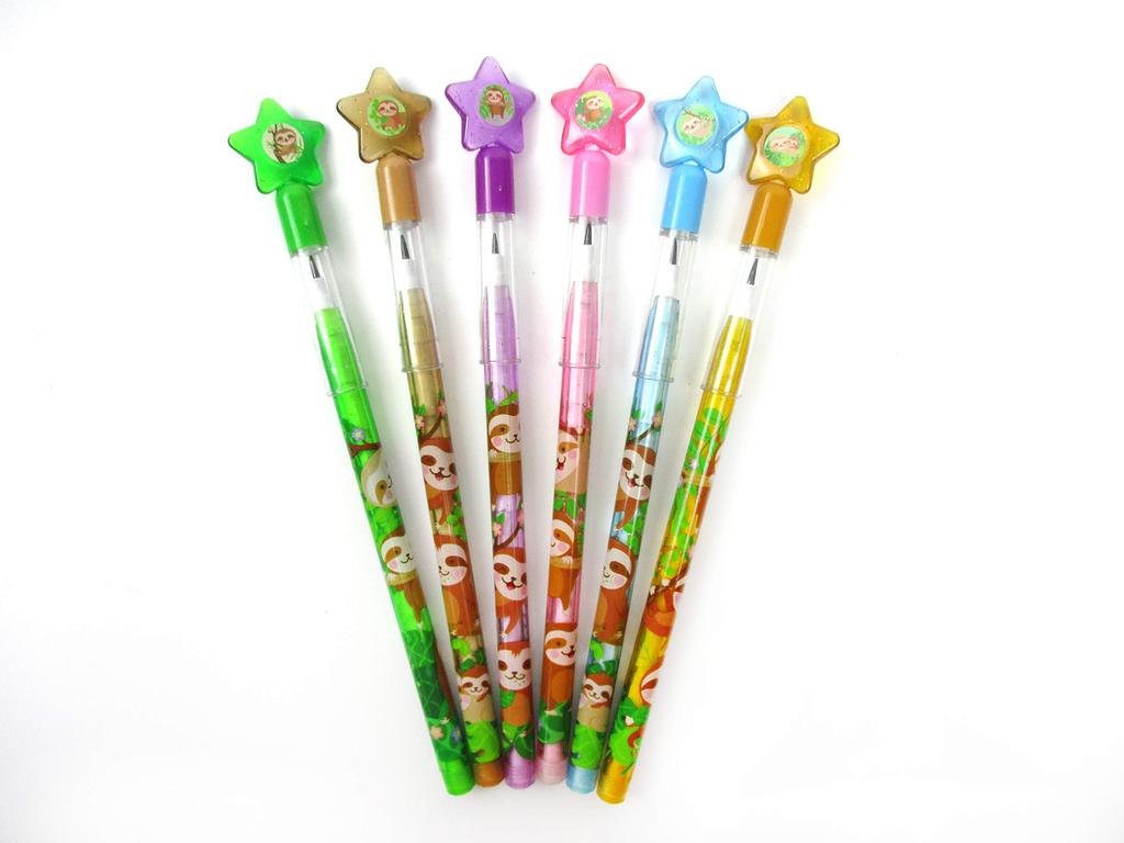 Tiny Mills Sloth Birthday Party Carnival Goody Staff Classroom Sloth Stackable Push Pencil Assortment with Erasers Favors, Prizes, Bags, Rewards,