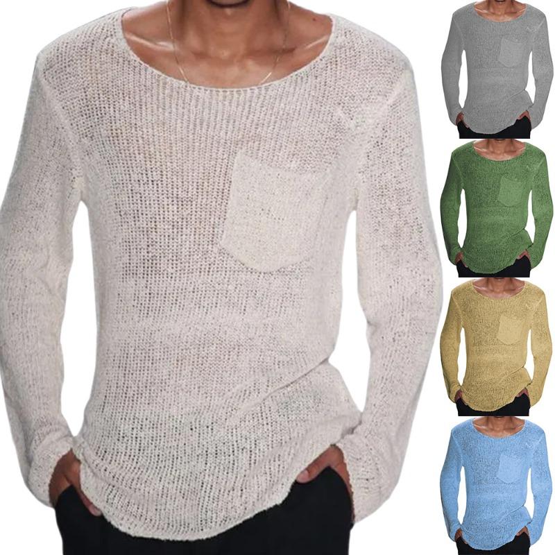 

2025 New Men s Solid Color Long Sleeve Pocket Knitted Sweater M білий