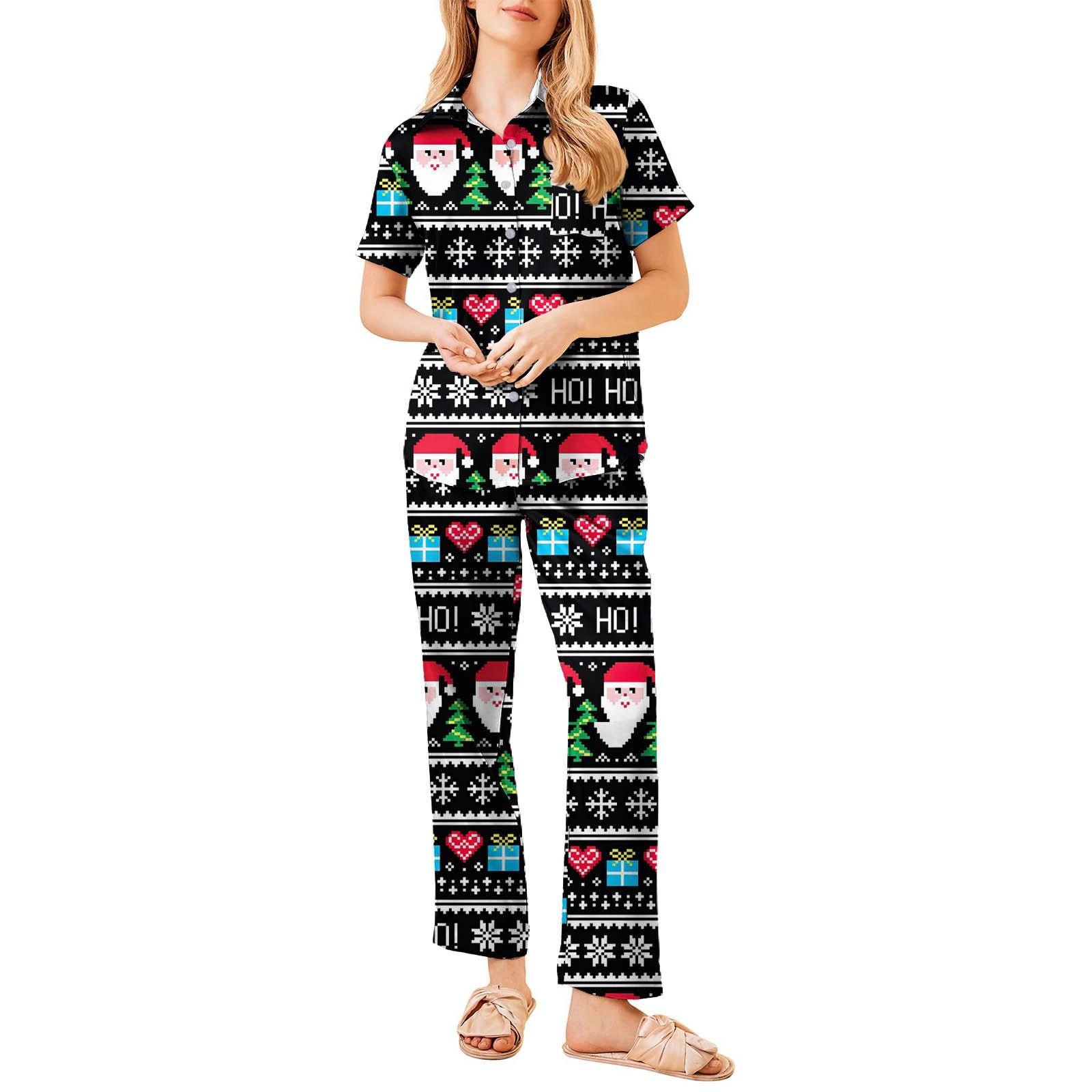 

Женский рождественский пижамный комплект с принтом, женские короткие рукава, длинные брюки, комплект из двух предметов, застегивающийся на пуговицы, домашняя одежда XL чёрный