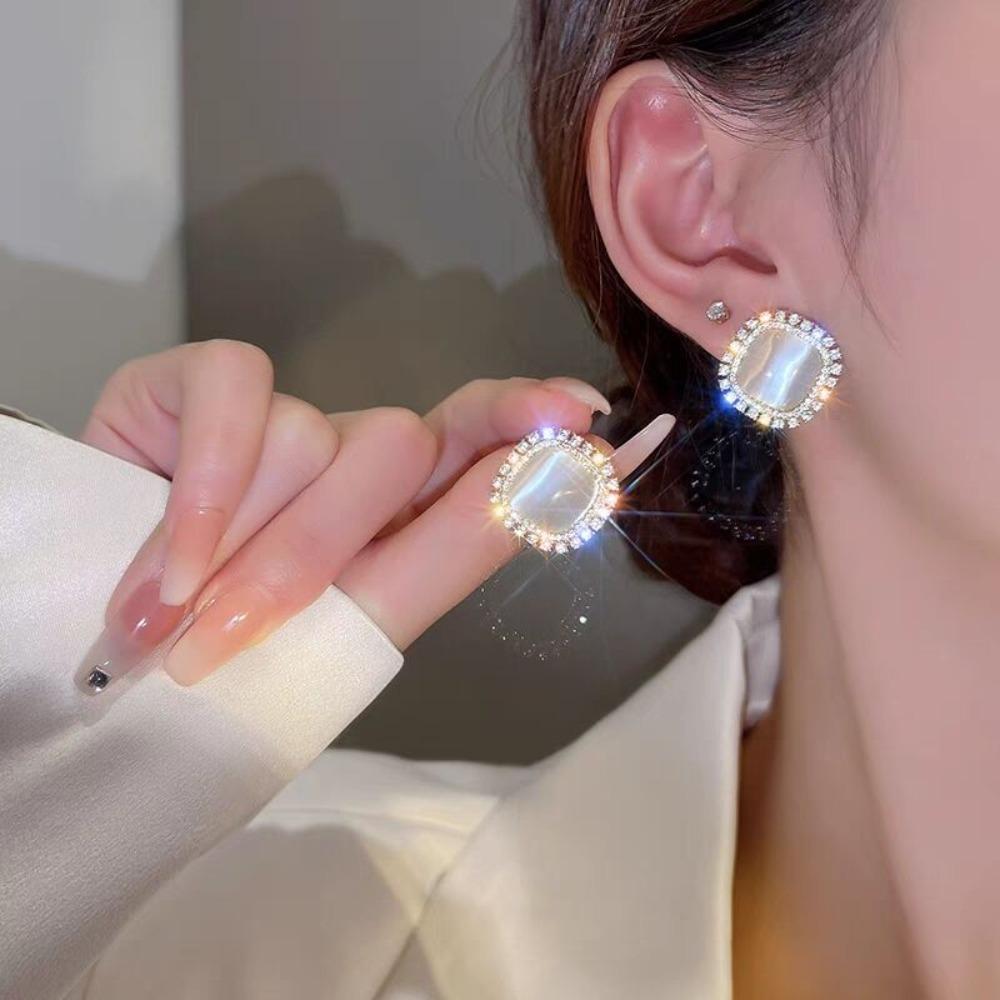 Korean Luxury Shining Rhinestones Opal Cat Eye Stone Square Stud Earrings for Women Party Wear Temperament Statement Jewelry