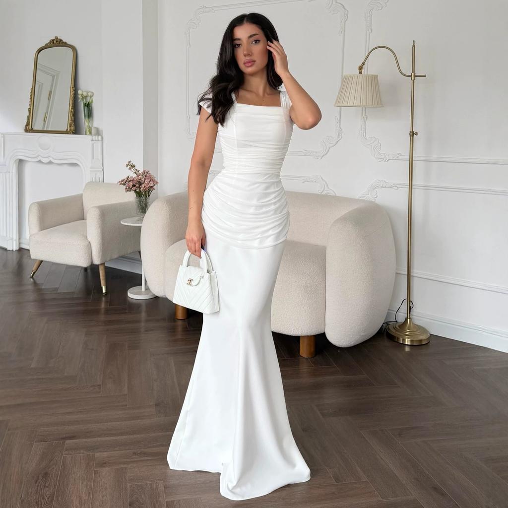Spring and Summer New European and American Women's Clothing Square Neck Short Sleeve Waist Dress Skinny Pleated Hip Wrap Long Dress
