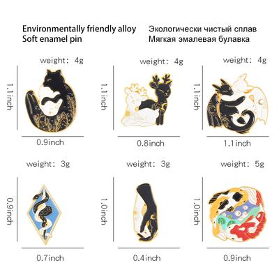Starry Hugging Animals Enamel Pins Custom Sun Moon Cat Deer Dragon Snake Koi Hands Brooches Lapel Badge Black White Jewelry Gift