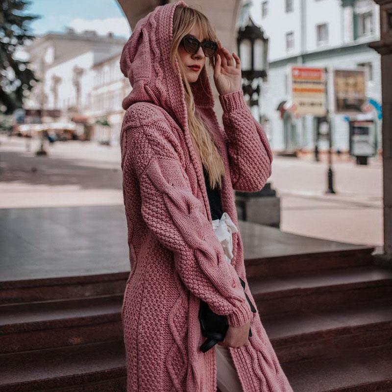 Pull Cardigan pour Femme Nouveau Style Couleur Unie à Capuche Long Ample Tricot Torsadé Vêtements Femme
