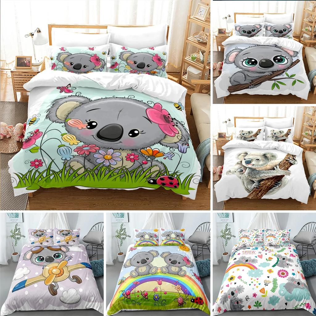 Cartoon Koala Cute Animal Leaves Flowers Comfortable Duvet Quilt Cover Pillowcase Bedding Set Bedroom Decoration Home Textile