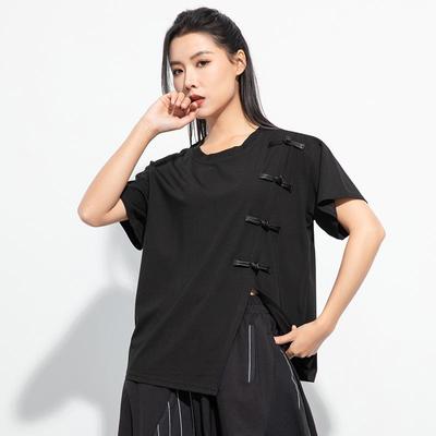 Κοντό μανίκι Plus size μαύρο βαμβακερό vintage Casual loose tops Γυναικεία καλοκαιρινή μπλούζα