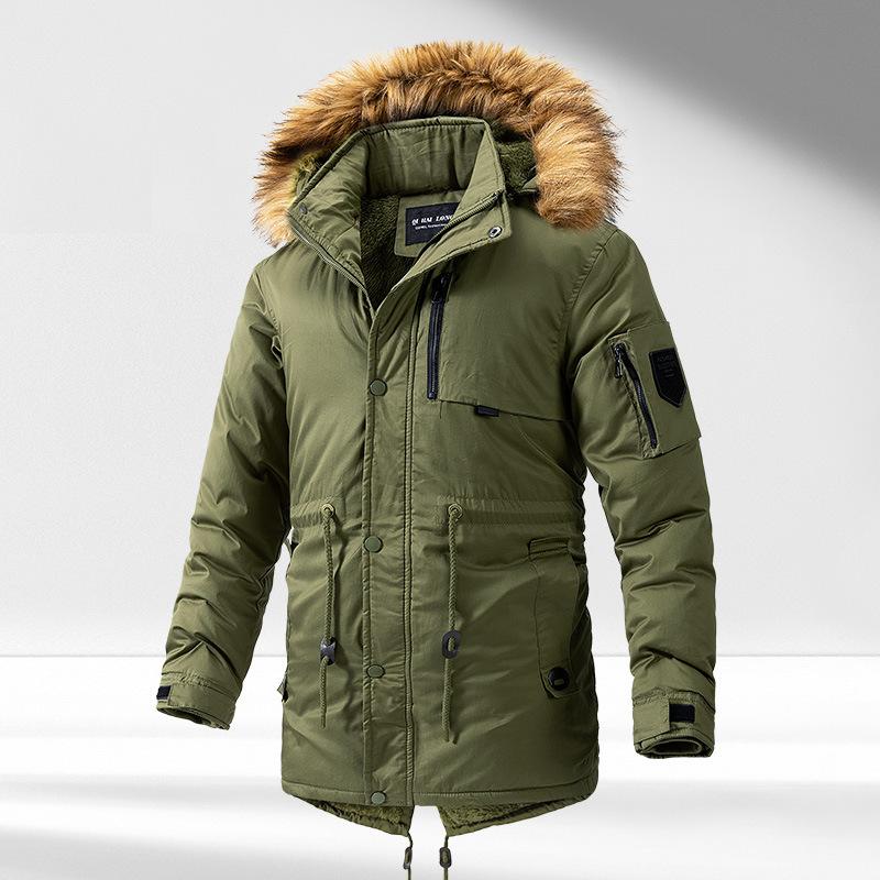 Mid-length Workwear Cotton Coat Winter Men's Thickened Large Fur Collar Hooded Cotton Coat