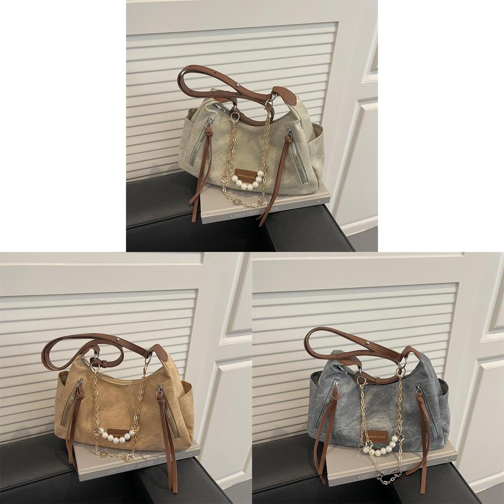 Street Style Tote Bag With Pearl Chain Large Capacity For Daily Use