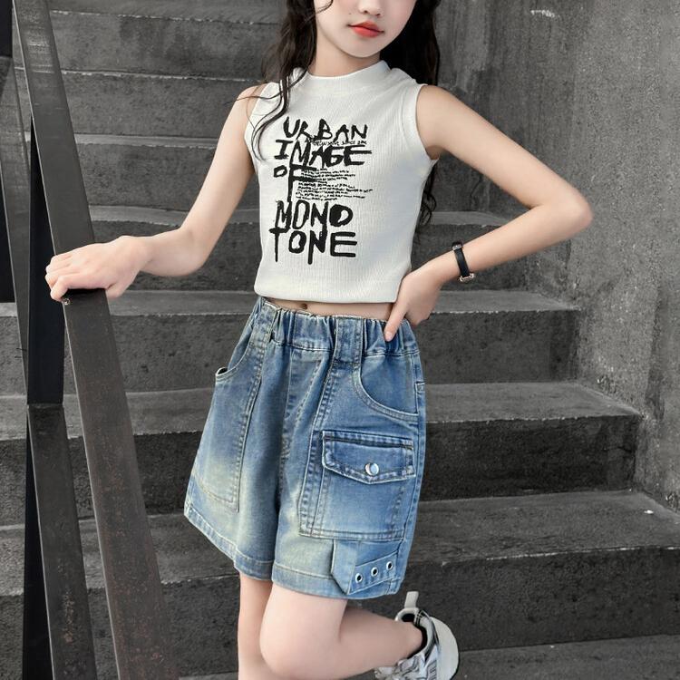Summer Girls' Denim Shorts Cropped Pants Work Pants Versatile Jean Wide Leg Trendy Versatile Loose Pants for Children