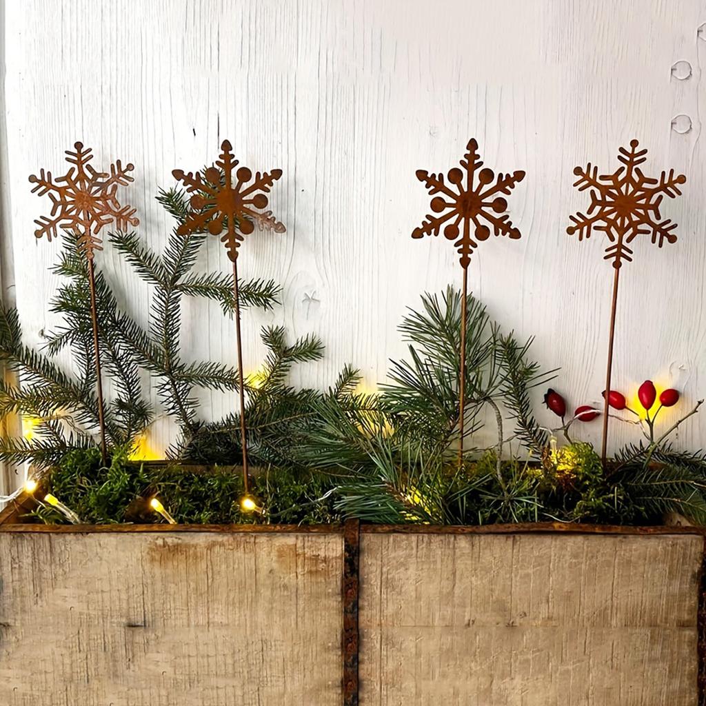 2-Piece Wrought Iron Snowflake Garden Decoration Stakes, Winter Decoration, Rust-Colored Christmas Decoration, Flower Pots, Bonsai Christm