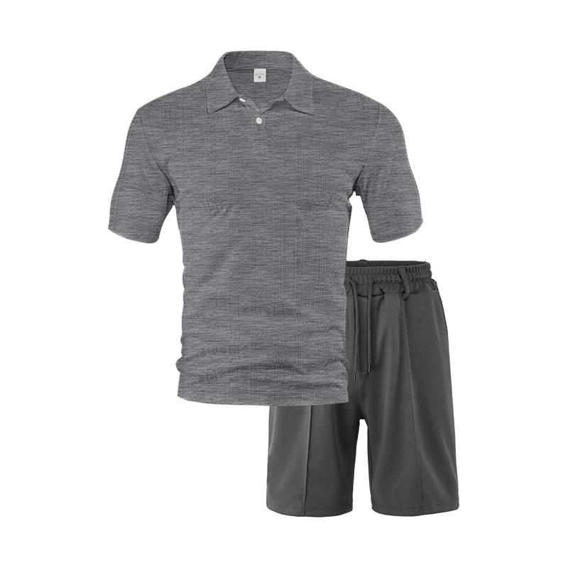 Summer Men Matching Outfit Sets Grid Texture Short Sleeve Polo Shirts Elastic Drawstring Casual Shorts Daily Beach Vacation Two Piece Tracksuit