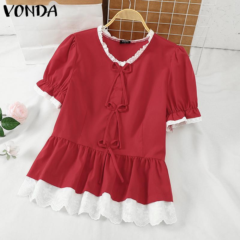 VONDA Women Summer Round Neck Puff Short Sleeve Lace Hem Blouses
